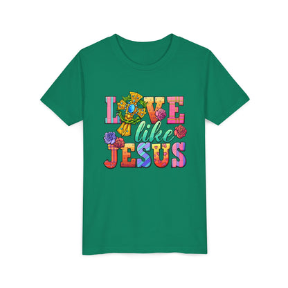 Youth Tee — "Love Like Jesus" Colorful Faith Graphic