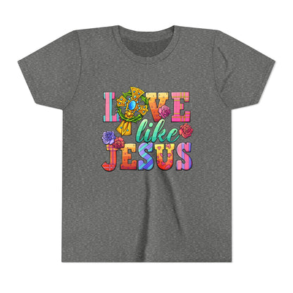 Youth Tee — "Love Like Jesus" Colorful Faith Graphic