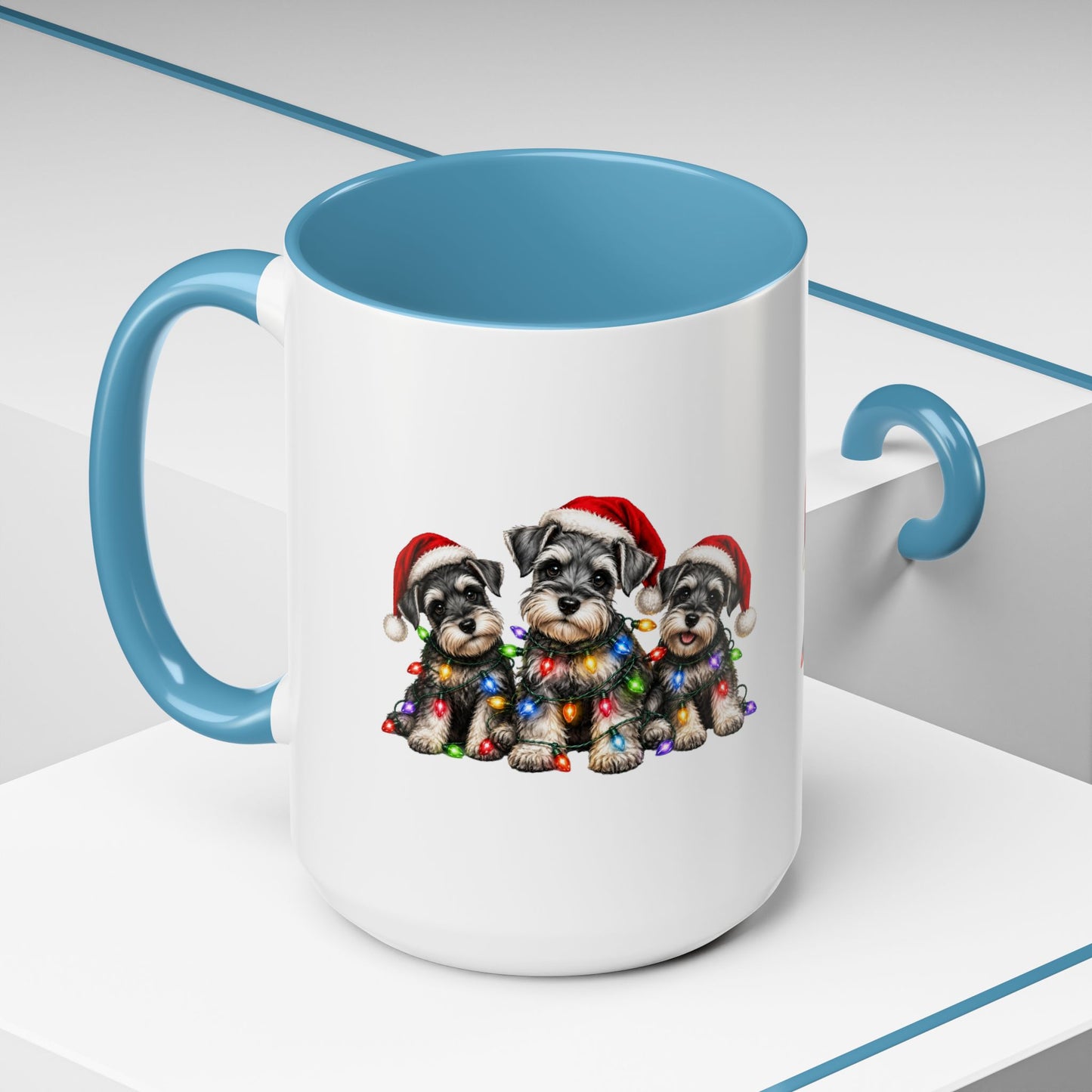 Christmas Puppy Coffee Mug — Cute Schnauzer Trio with Santa Hats & Holiday Lights (11/15oz)
