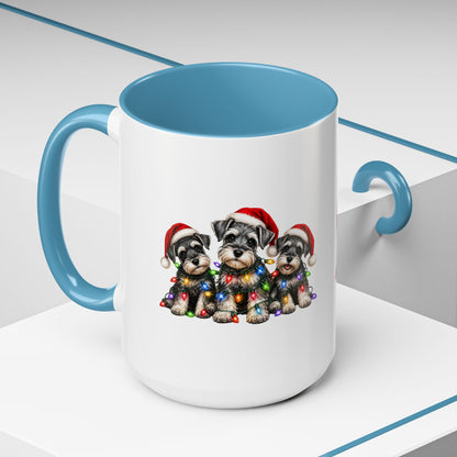 Christmas Puppy Coffee Mug — Cute Schnauzer Trio with Santa Hats & Holiday Lights (11/15oz)