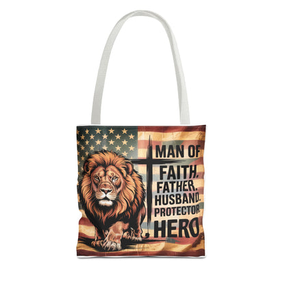 Tote — "Man of Faith, Father, Husband, Protector, Hero" Patriotic Lion Tote