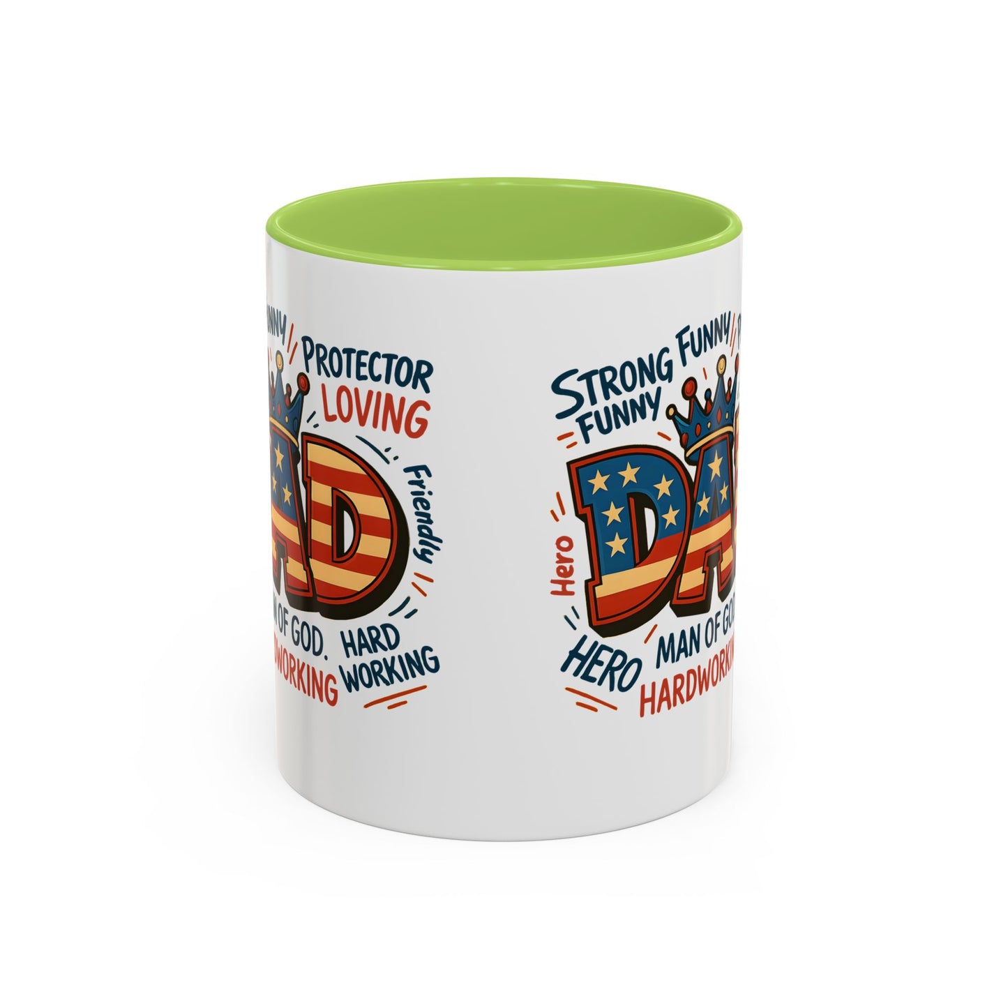 Dad Coffee Mug — Patriotic "DAD" Design with Loving, Hardworking, Protector Keywords (11/15oz Accent Mug)