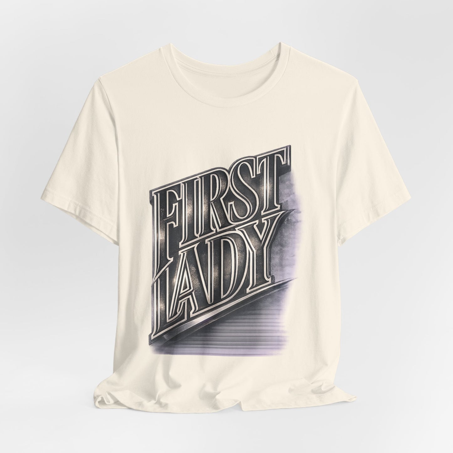 First Lady Graphic Tee — Retro Metallic Script Short Sleeve Shirt