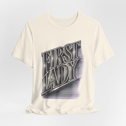 First Lady Graphic Tee — Retro Metallic Script Short Sleeve Shirt