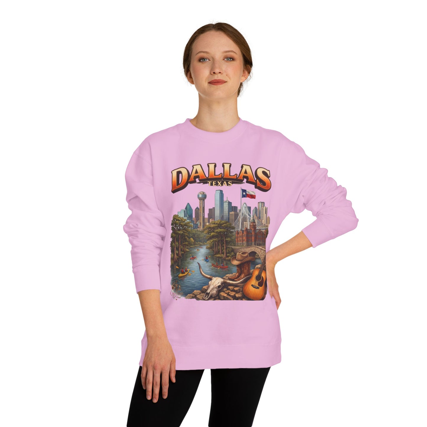 Dallas Skyline Crewneck Sweatshirt — Texas Cityscape & Acoustic Guitar Design