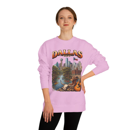 Dallas Skyline Crewneck Sweatshirt — Texas Cityscape & Acoustic Guitar Design