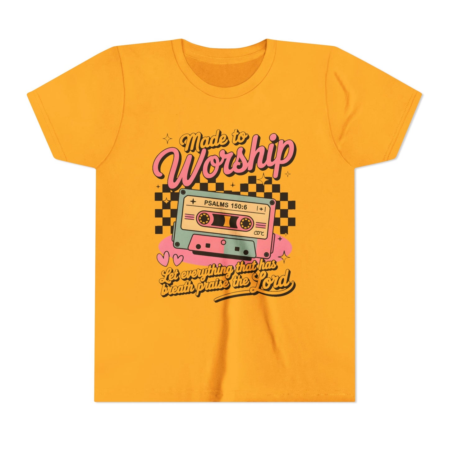Made to Worship Youth Tee – Retro Cassette Christian Kids Shirt (Psalms 100:4)