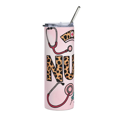 Nurse Leopard Print 20oz Stainless Tumbler – Pink Medical Stethoscope & Syringe Travel Mug