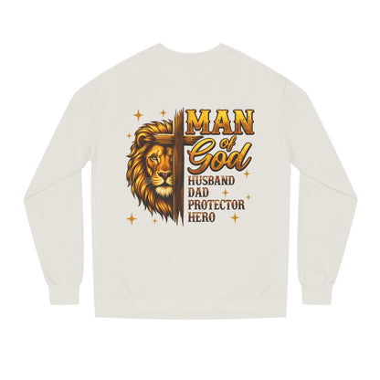 Man of God Sweatshirt — Lion Graphic, "Husband Dad Protector Hero" Faith Pullover