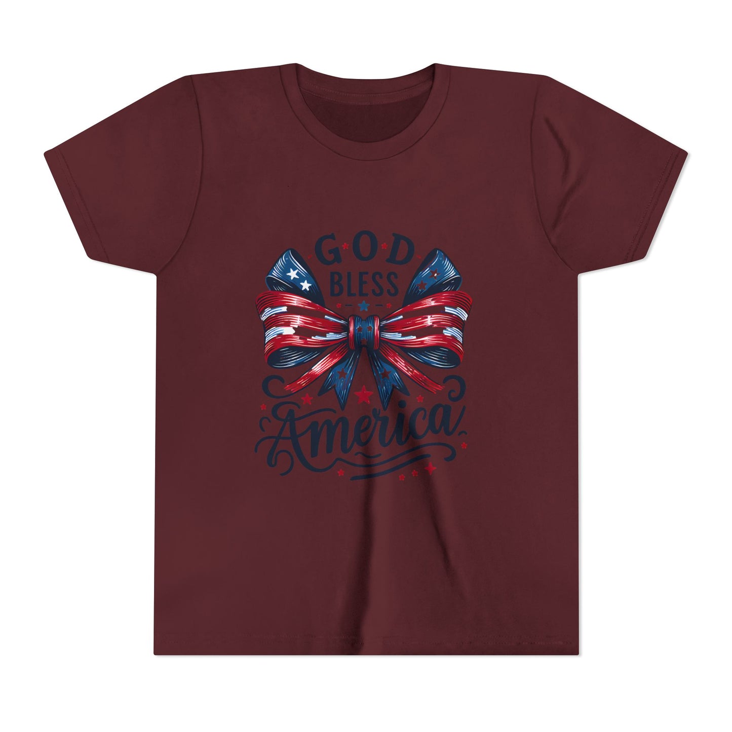 Youth Tee — "God Bless America" Patriotic Bow T-Shirt (4th of July, Memorial Day)