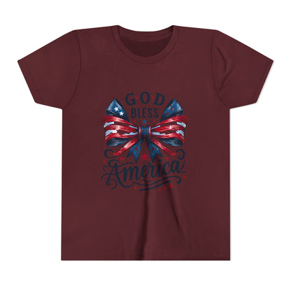 Youth Tee — "God Bless America" Patriotic Bow T-Shirt (4th of July, Memorial Day)