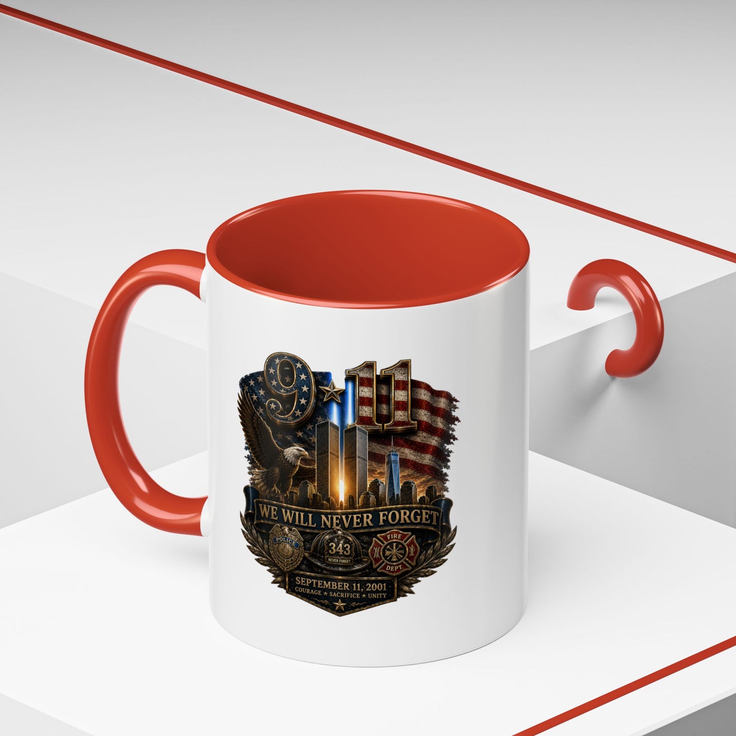 We Will Never Forget 9/11 Memorial Coffee Mug — Patriotic Tribute Accent Mug