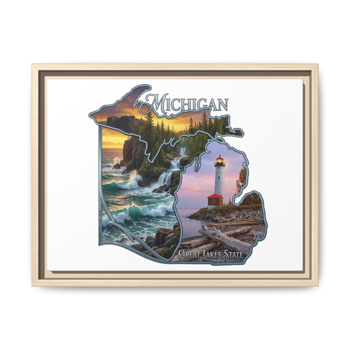 Michigan Framed Canvas Wall Art — Great Lakes State Lighthouse & Shoreline Print