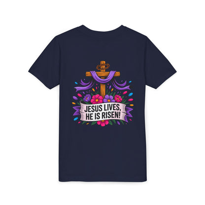 Youth Tee — "Jesus Lives, He Is Risen!" Easter Christian Tee