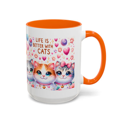 Cat Lover Accent Coffee Mug — "Life Is Better With Cats" Cute Kittens Design (11/15oz)