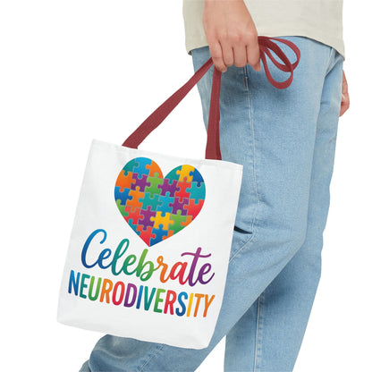 Celebrate Neurodiversity Tote Bag – Rainbow Puzzle Heart Awareness Tote