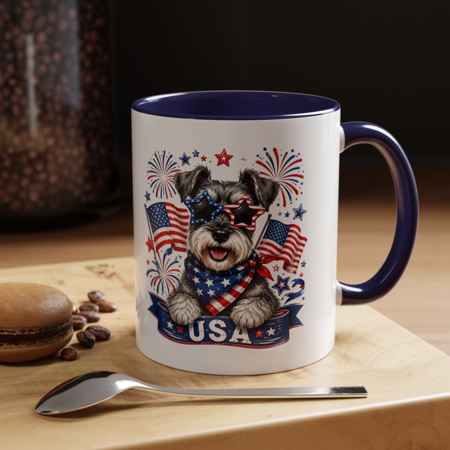 Patriotic Schnauzer Coffee Mug – USA Flag, Fireworks Accent Mug (11/15oz)
