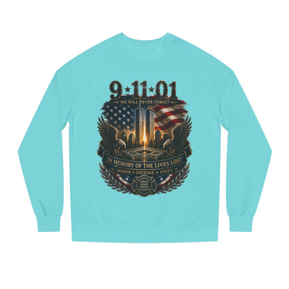 9/11 Memorial Sweatshirt - ‘We Will Never Forget’ Tribute Crewneck with Twin Towers & Flag