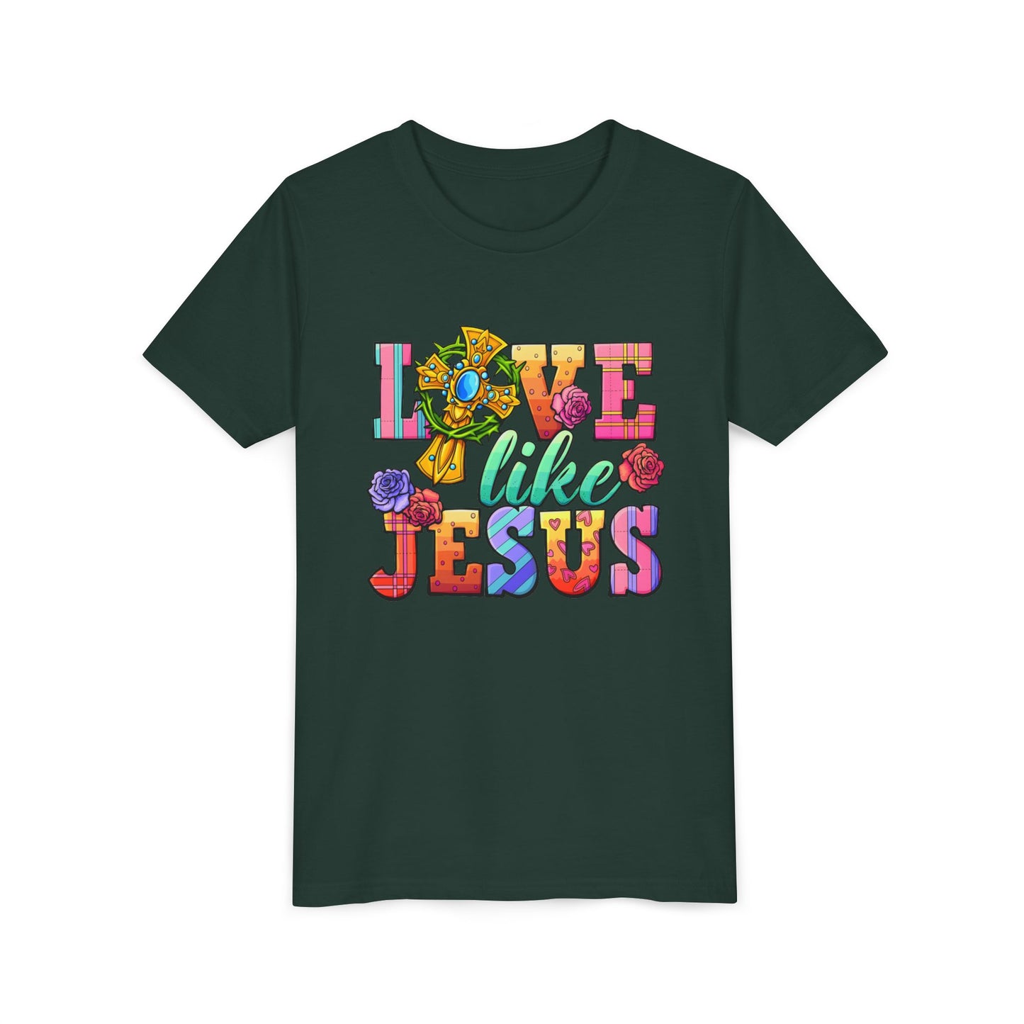 Youth Tee — "Love Like Jesus" Colorful Faith Graphic