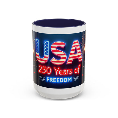 USA 250 Years of Freedom Accent Coffee Mug — Patriotic 1776–2026 Fireworks Design (11/15oz)