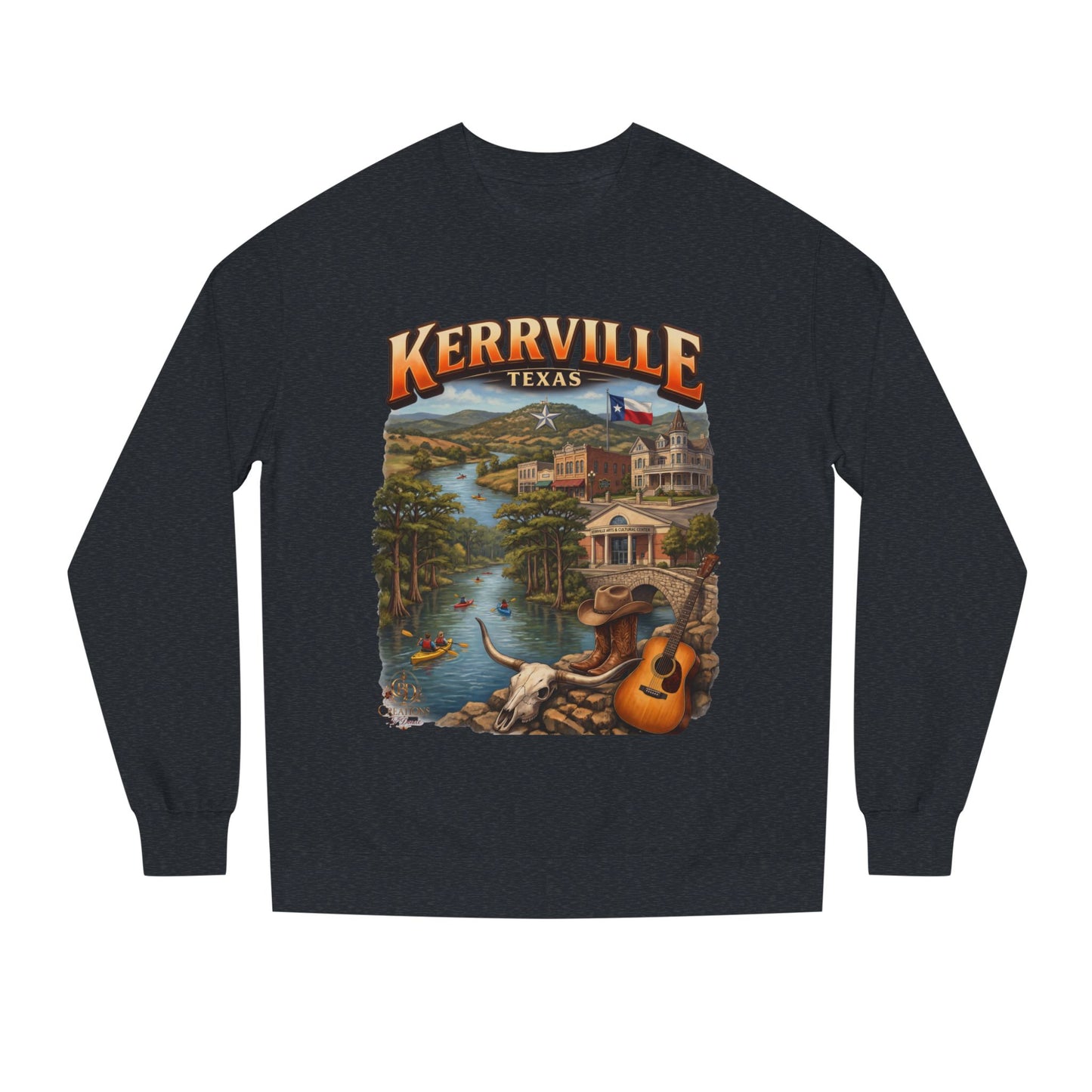 Kerrville Texas Scenic Crewneck Sweatshirt — Riverfront Guitar Vintage Design