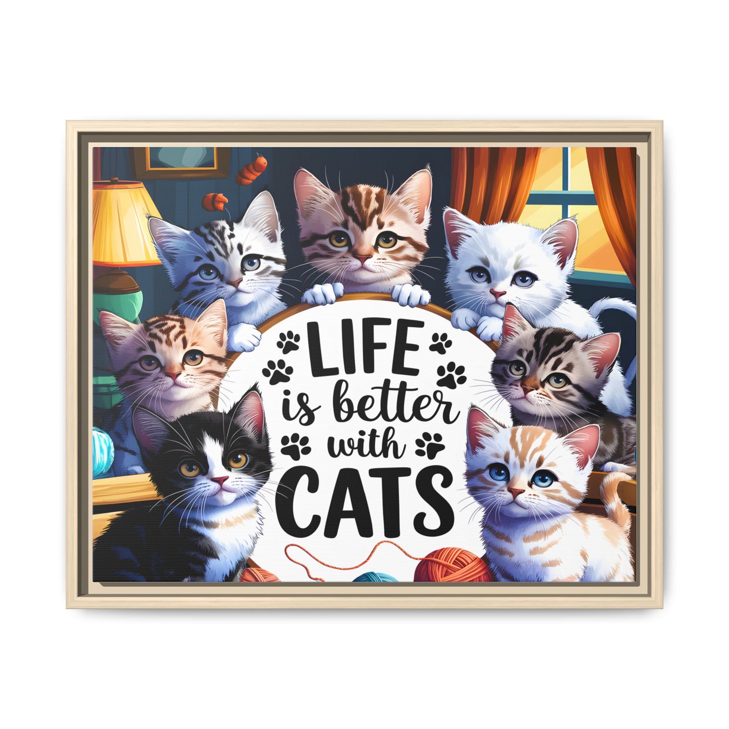 Framed Cat Canvas Wall Art — "Life Is Better With Cats" Matte Print