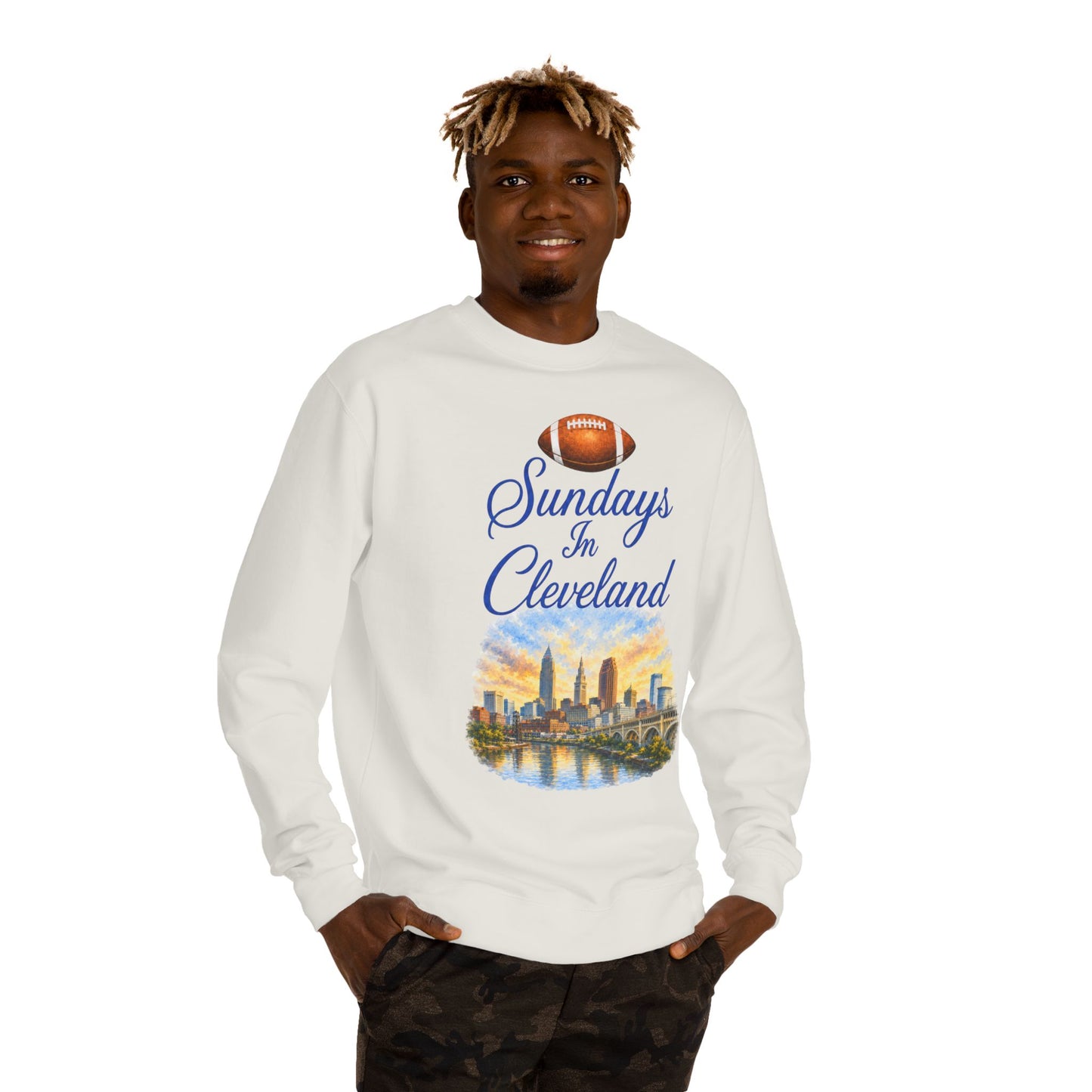 Sundays in Cleveland Football Crewneck Sweatshirt — Cleveland Skyline Game Day Pullover