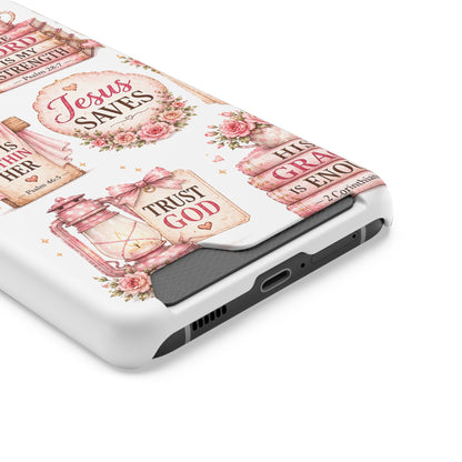 Christian Floral Phone Case with Card Holder — 'Jesus Saves' Inspirational Design