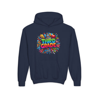 Third Grade Kids Hoodie — Colorful School Supplies Back-to-School Sweatshirt