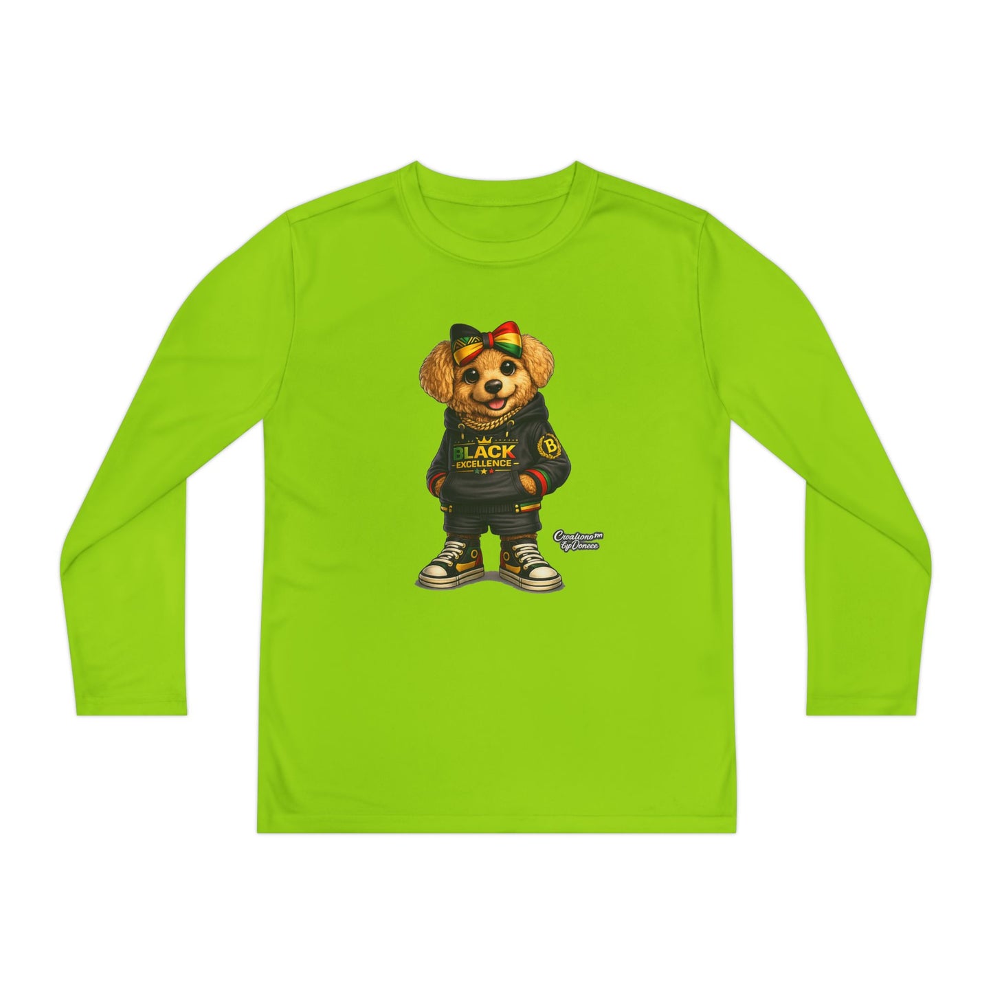 Youth Long Sleeve Tee — Trendy Bear Graphic "Black Excellence"