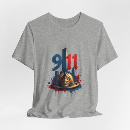 9/11 Firefighter Memorial Tee — Tribute T-Shirt with Helmet & Twin Towers Design