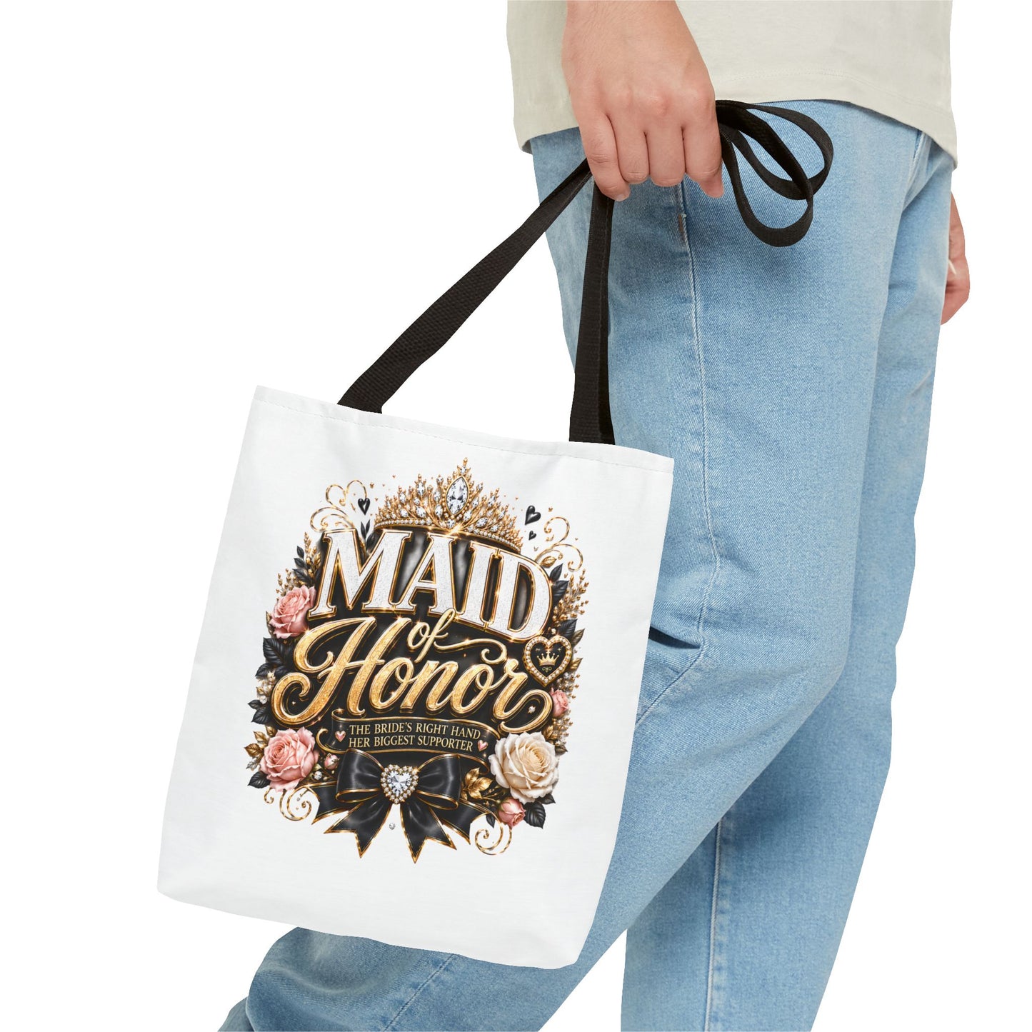 Maid of Honor Tote Bag — Elegant Bridal Party Gift with Gold Crown Floral Design