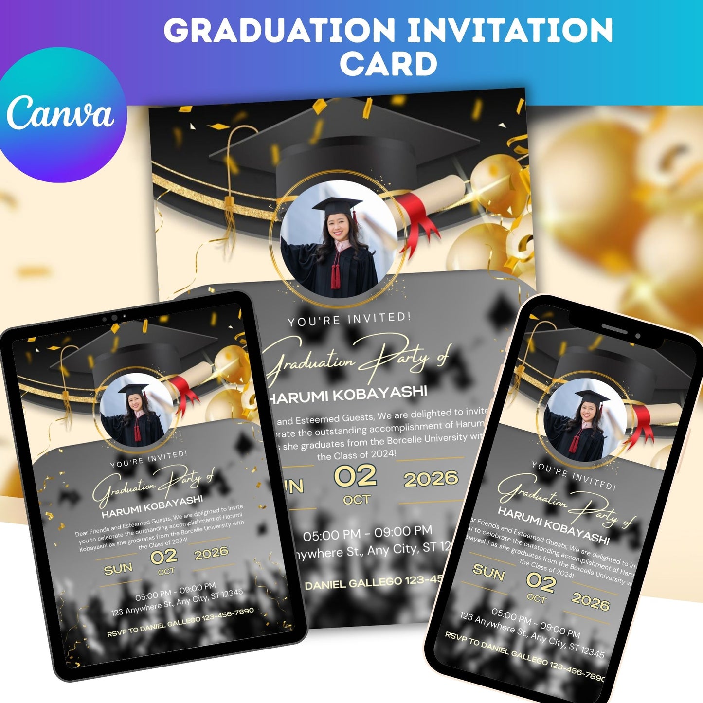 Graduation Invitation Card Template | Editable Digital Graduation Party Invite
