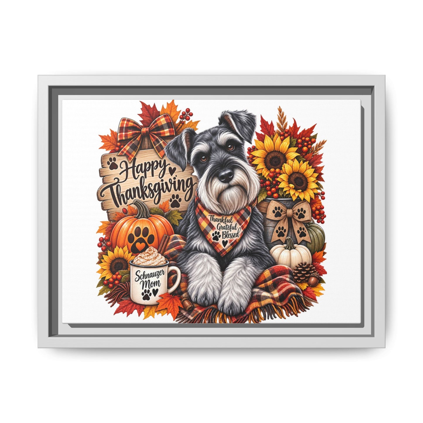 Happy Thanksgiving Schnauzer Framed Canvas — Autumn Dog Wall Art