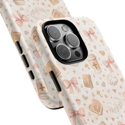 Christian Pattern Phone Case — Cute Cross, Bible & Dove Tough Magnetic Case