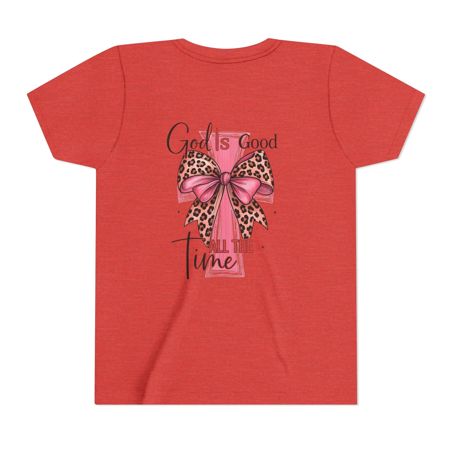 Youth Tee — "God is Good All the Time" Pink Cross with Leopard Bow