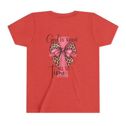 Youth Tee — "God is Good All the Time" Pink Cross with Leopard Bow