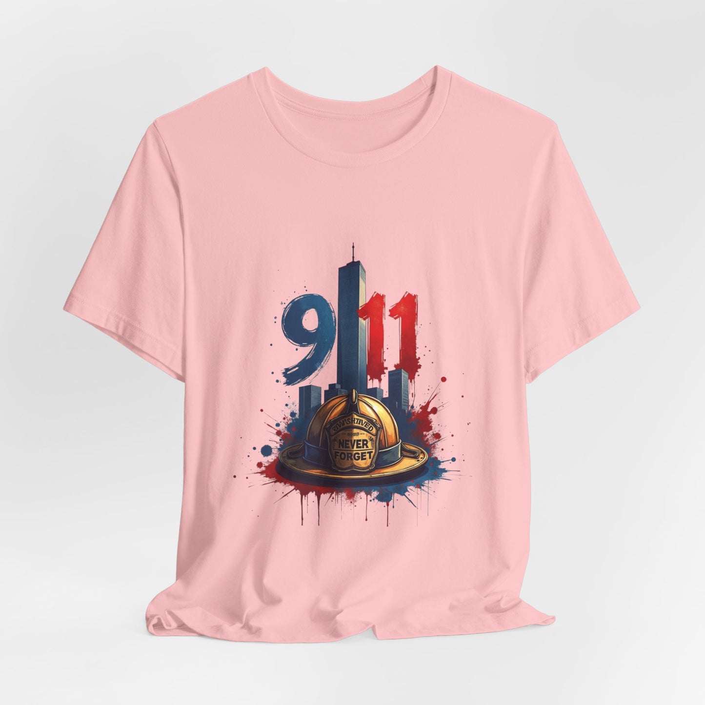 9/11 Firefighter Memorial Tee — Tribute T-Shirt with Helmet & Twin Towers Design