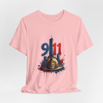9/11 Firefighter Memorial Tee — Tribute T-Shirt with Helmet & Twin Towers Design