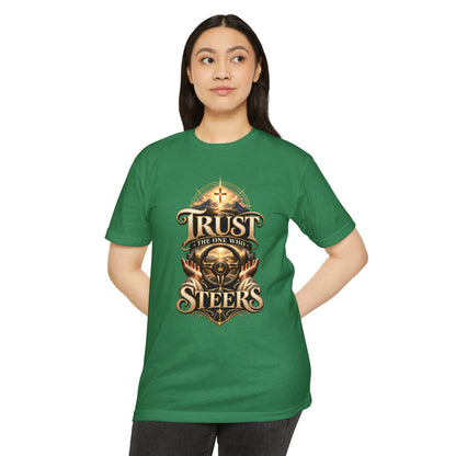 Trust He Steers T‑Shirt — Christian Faith Nautical Steering Wheel Design