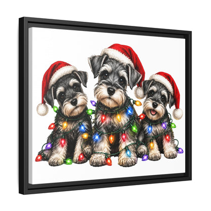 Christmas Schnauzer Canvas Print — Festive Puppies in Santa Hats (Matte Framed)