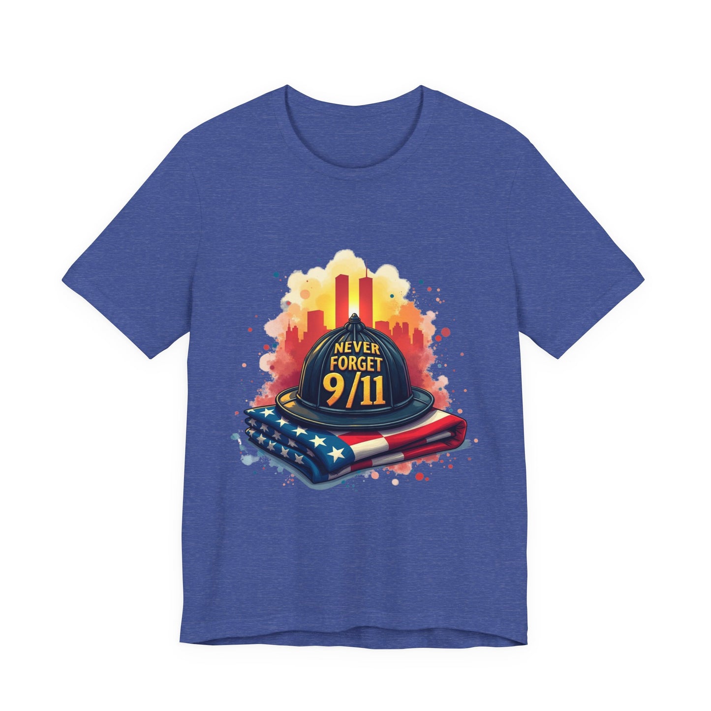 Never Forget 9/11 Memorial T-Shirt — Firefighter Helmet & Flag Tribute Tee