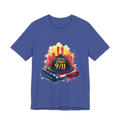 Never Forget 9/11 Memorial T-Shirt — Firefighter Helmet & Flag Tribute Tee