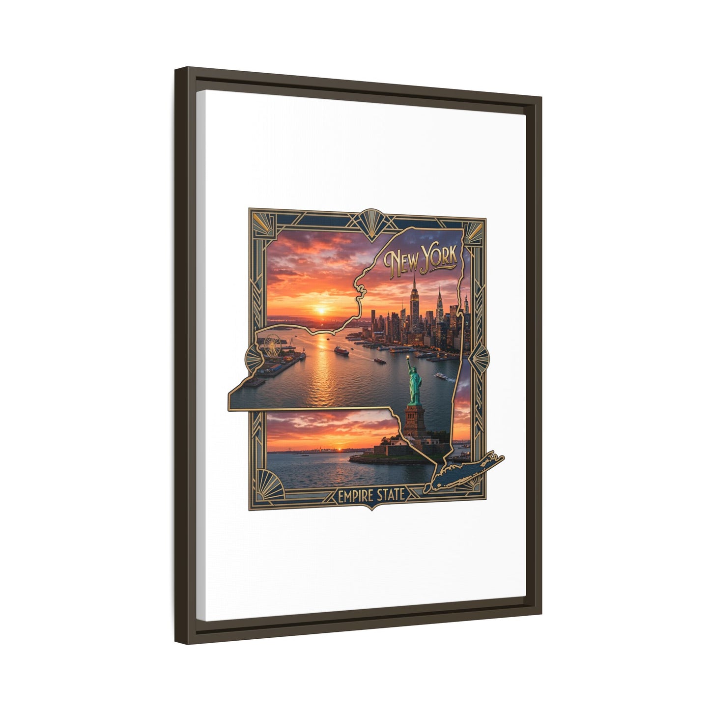 Framed Matte Canvas Wall Art — New York City Sunset Skyline with Statue of Liberty