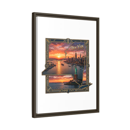 Framed Matte Canvas Wall Art — New York City Sunset Skyline with Statue of Liberty