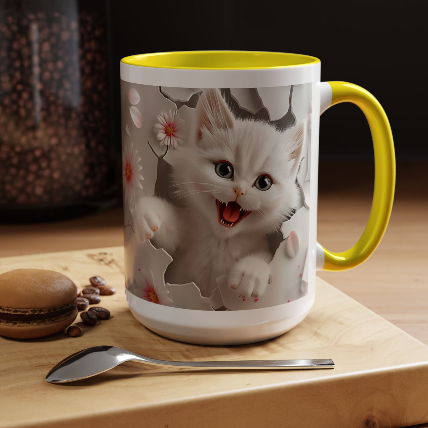 Cute Kitten Floral Accent Coffee Mug – Cat Lover Ceramic Mug (11/15oz)