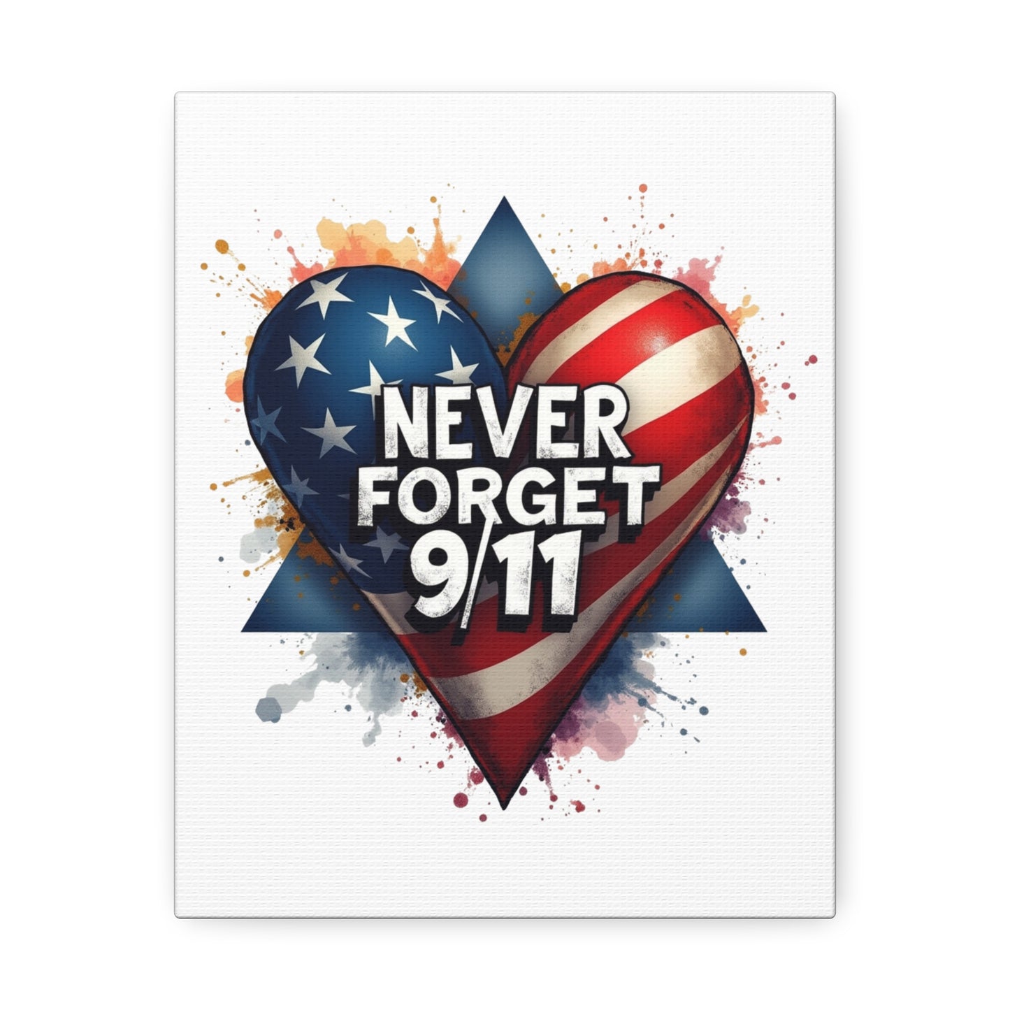 Never Forget 9/11 American Flag Heart Stretched Canvas