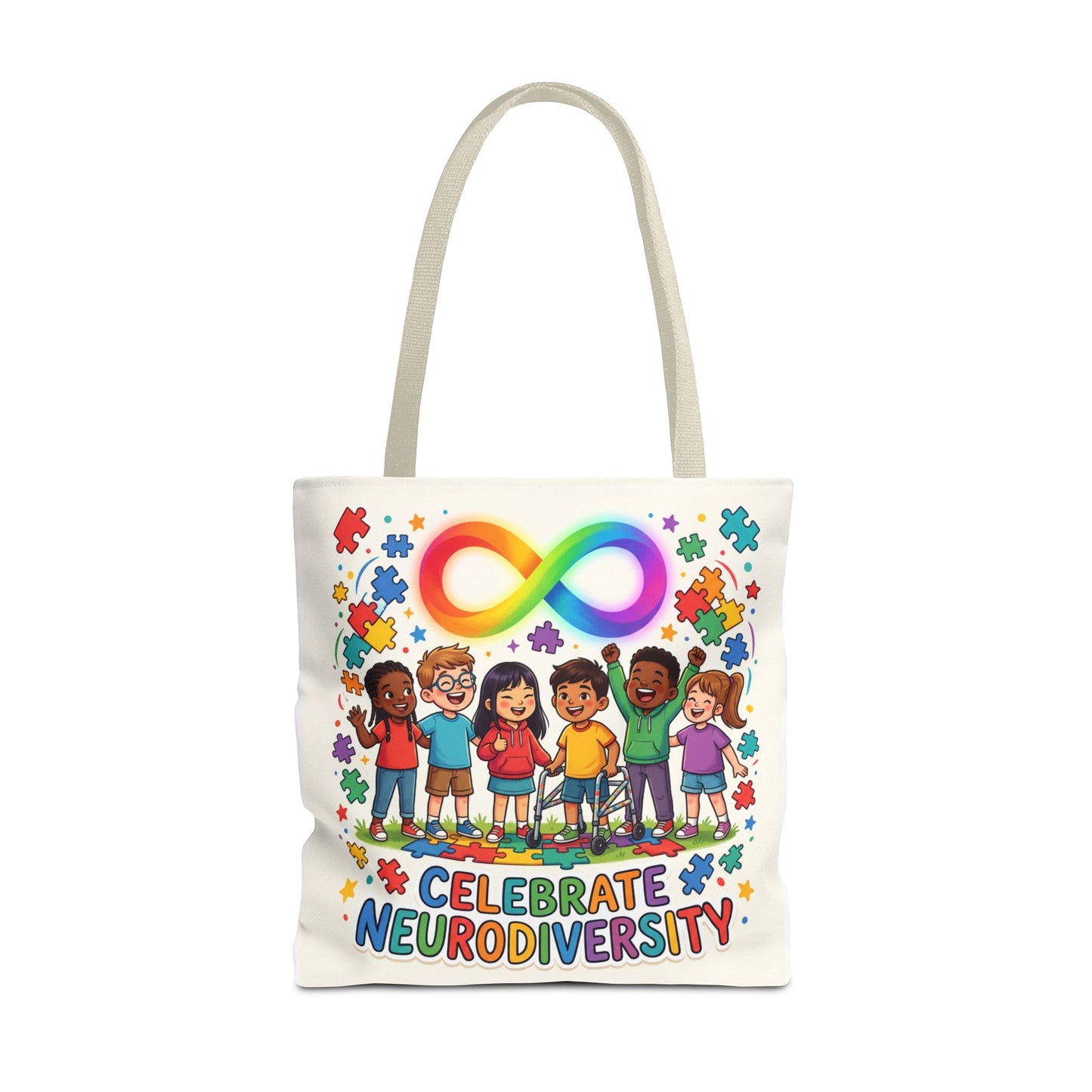 Celebrate Neurodiversity Tote Bag — Rainbow Infinity Symbol & Kids Design