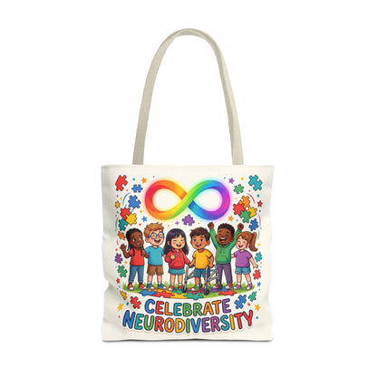 Celebrate Neurodiversity Tote Bag — Rainbow Infinity Symbol & Kids Design