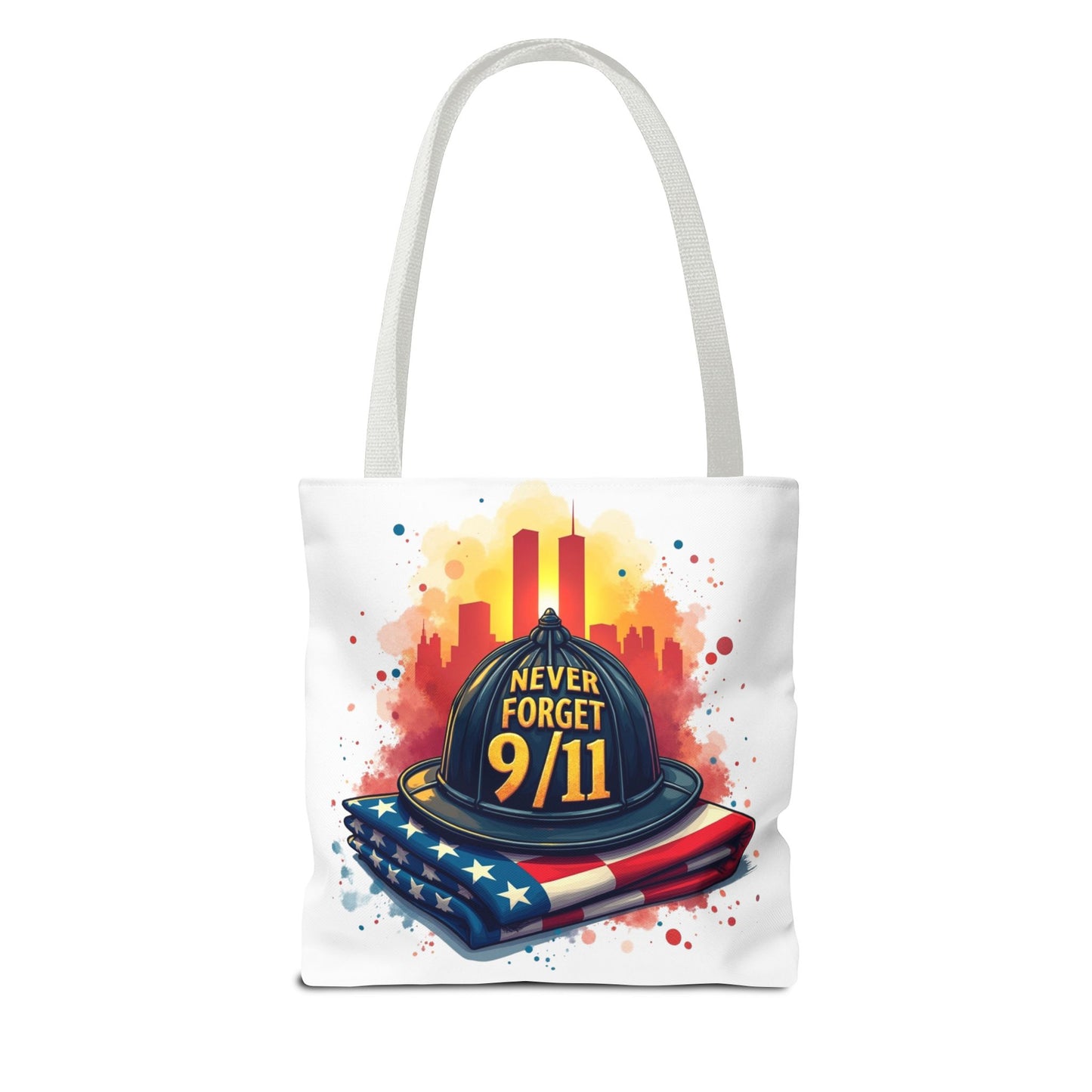 Never Forget 9/11 Memorial Tote Bag — Firefighter Helmet & Flag Tribute